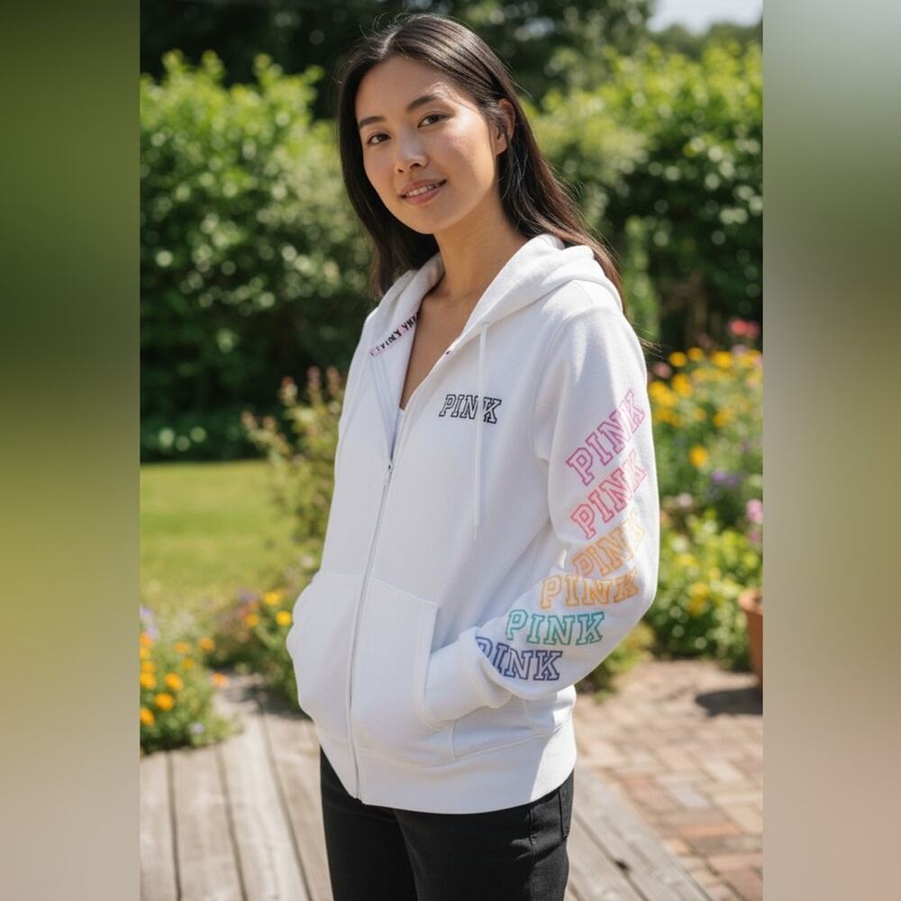 VICTORIA’S SECRET Pink Retro Zip Hoodie Sweatshirt Size Large FAST SHIP 3113-9
